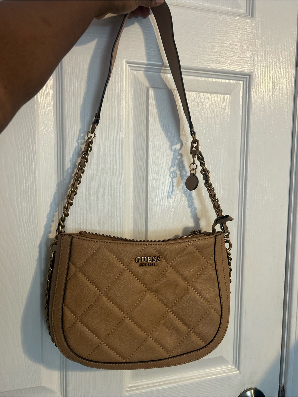 GUESS Quilted Saddle Shoulder Bag in Tan